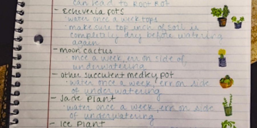 Hand-written list for plant care.