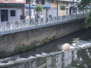 river with floating umbrella Sarria