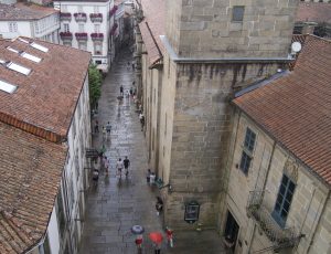 View of Santiago street from above with umbrellas