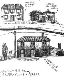Ink drawing of houses along the Camino de Santiago